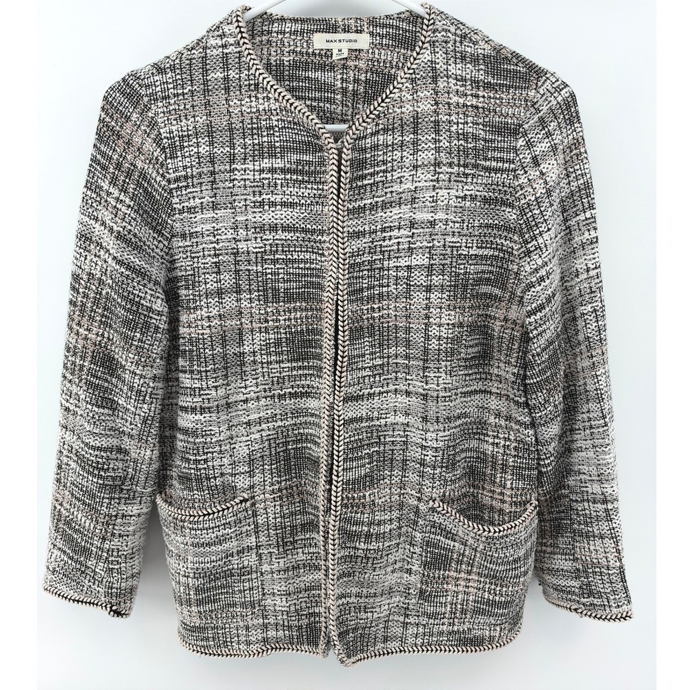 Max Studio Preppy Chic Tweed Cardigan M Black White Jacket Academia Career